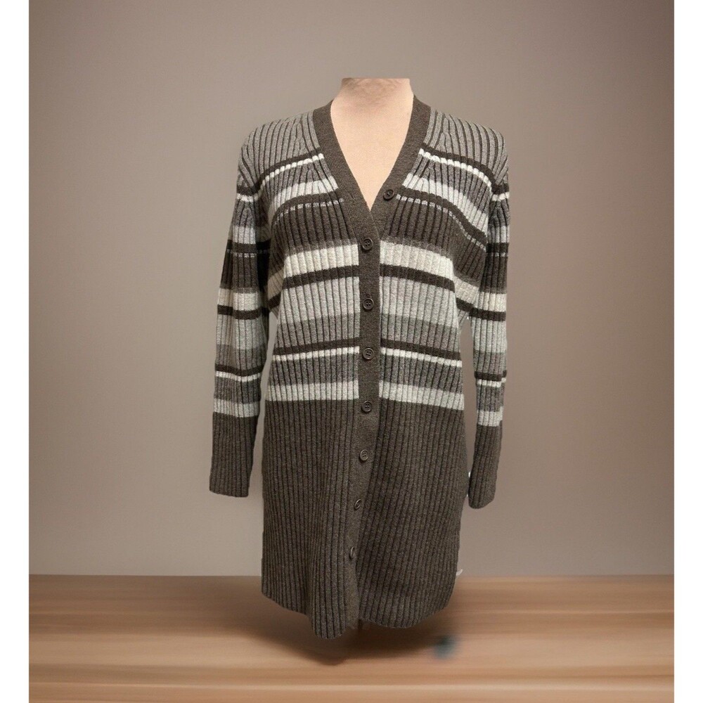 Anne Klein II Ribbed Cardigan 100% Wool Sz M Brown Stripes Business Casual Layer